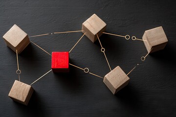 Red cube centrally connected to wooden cubes, forming a network