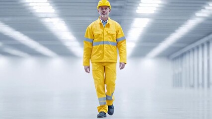Middle-aged male worker in yellow safety gear walks confidently in a modern warehouse, embodying industrial precision and safety, ideal for Labor Day themes