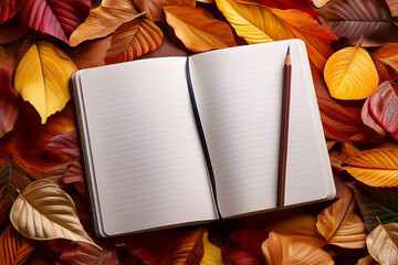 Obraz premium 落ち葉と何も書かれていないノート、鉛筆