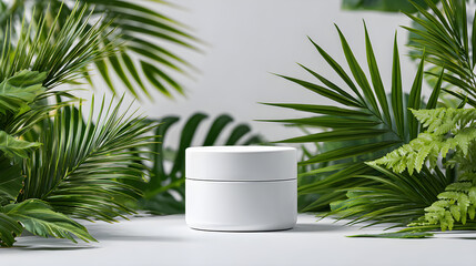 White skincare jar mockup with green tropical leaves, fresh and clean product scene --ar 16:9