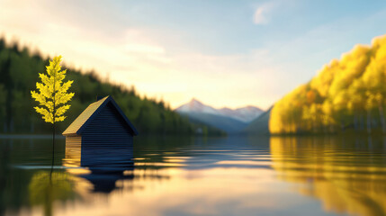 Fototapeta premium Peaceful lake reflects small village house and yellow tree in fall with mountains and forest in background creating calm reflection scene