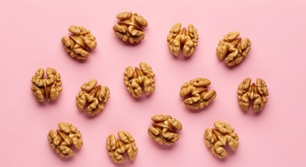 Obraz premium Arrangement of fresh, shelled walnut halves scattered on a vibrant pink background, showcasing their natural texture and healthy appeal in a top-down view.
