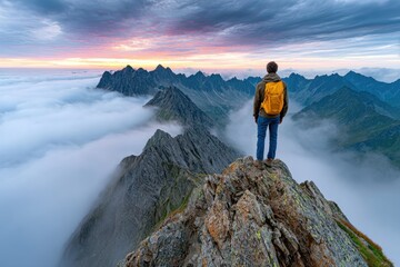 A hiker standing atop a mountain peak above the clouds at sunrise