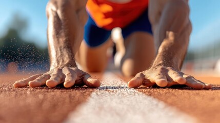 Athlete's poised stance before commencement depicting intense competitive sprint anticipation
