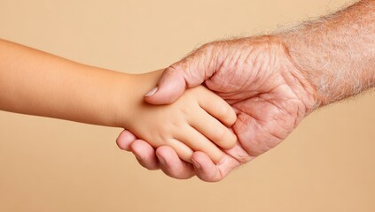 Child and elder hand holding together close up on beige background