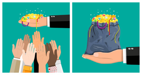 Man giving pile of coins, gems, and beads to hands reaching up. Concept of generosity, gift, charity, and wealth distribution.