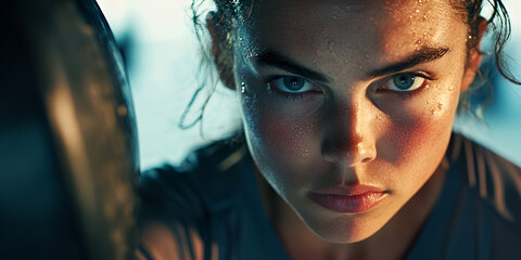 Fierce female boxer in action, Close-up of sweating athlete, Woman training with punching bag