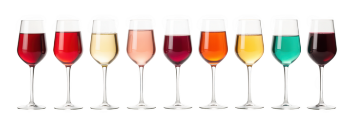 Colorful drinks in elegant glasses arranged in row, showcasing variety of vibrant hues and textures, perfect for celebrations