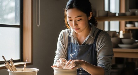 陶芸に真剣な表情で取り組む日本人女性