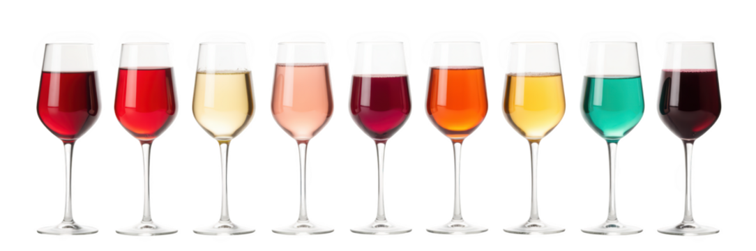 Colorful drinks in elegant glasses arranged in row, showcasing variety of vibrant hues and textures, perfect for celebrations