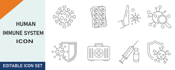 Human immune system line icon set. Shield, vaccine, syringe, mask, probiotic, bacterium, antigen, leukocyte vitamin d, normal sleep, physical activity vector illustration Editable Strokes