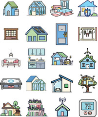 Home and Smart House Icon Set – Modern Living, Interior, and Eco-Friendly Housing Vector.A collection of colorful vector icons representing home, interior design, eco-friendly housing, and smart home.