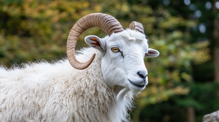 Naklejka premium Close - up of White Goat With Long Horns, Livestock Breeding & Wildlife Material