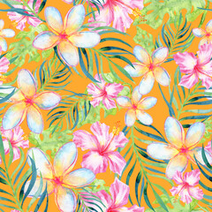 Summer Hawaiian flowers seamless watercolor pattern on orange background