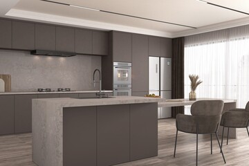 Scandinavian style apartment kitchen interior. Kitchen with grey wooden cabinet, marble counter top island, top view, white and gray architecture interior design. 3D Rendering