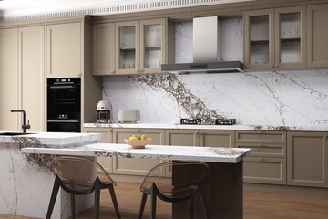Stylish kitchen interior with marble island and stool, side view on dark wooden floor. Kitchenware and decoration, cooking area with amazing view. 3D Illustrations. Mockup. 3D Rendering