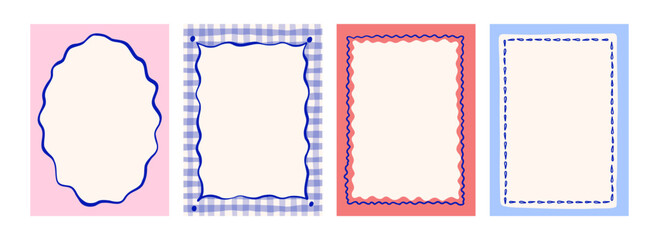 Hand drawn whimsical frames. Vintage borders. Cute decoration for invitation, poster, menu. Minimalist line art. Vector modern illustration.