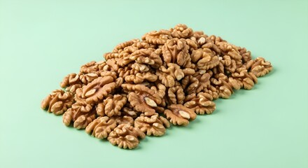 Pile of fresh, shelled walnuts, rich in healthy fats and protein, presented on a vibrant light green background, perfect for nutritious snacks and cooking.