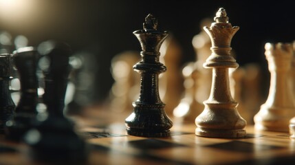 Chessboard Strategy: A dramatic low-angle shot captures the intensity of a chess game, with black and white chess pieces set against a dark background, evoking anticipation and strategic depth.