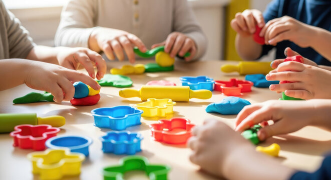 Children's Hands Shaping Colorful Clay At Table For Creative Art Class Activities And Playing Together In Group Setting