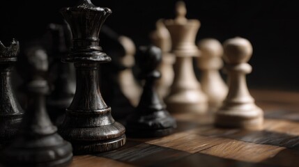 Strategic Maneuvers: Intricate chess pieces, bathed in dramatic light, converge on the chessboard, inviting viewers into a world of strategy, intellect, and silent battle.