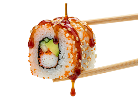 Delicious sushi roll drizzled with savory sauce held with chopsticks against a dark backdrop transparent background - Powered by Adobe