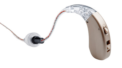 High-tech hearing aid with adaptive sound filtering, isolated on a Transparent background, PNG file.