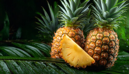 fresh ripe pineapples with dewdrops highlighted against a dark green leaf background