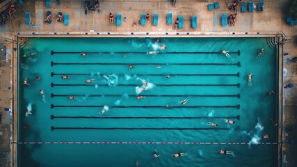 Aerial View of People Swimming in a Turquoise Public Pool