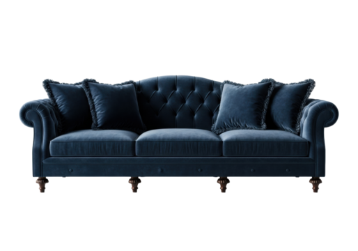 Luxurious antique deep velvet blue three-seater sofa with tufted cushions, carved wood legs, and fringed pillows, on a transparent studio background, historical grandeur concept.