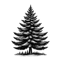 Obraz premium Black and White Pine Tree Engraving, Hand-Drawn Evergreen Forest Graphic in Vintage Woodcut Style