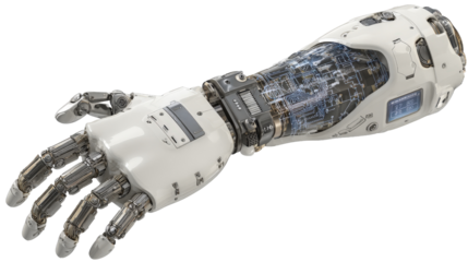 High-tech robotic prosthetic arm with digital controls, isolated on a Transparent background, PNG file.