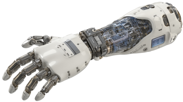 High-tech robotic prosthetic arm with digital controls, isolated on a Transparent background, PNG file.