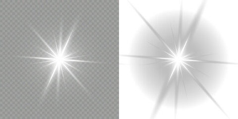 Sun flush, Overlays, light, Sun, sunrays, transitions, lens flare, light leaks and glare in PNG format. Vector transparent sunlight with sun glare. Glitter magic star sparks on transparent background. © Slava