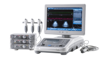 High-tech ultrasound diagnostic system with high-frequency probes, isolated on a Transparent background, PNG file.