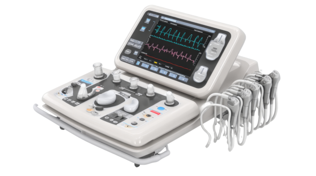 High-tech ultrasound diagnostic system with high-frequency probes, isolated on a Transparent background, PNG file.