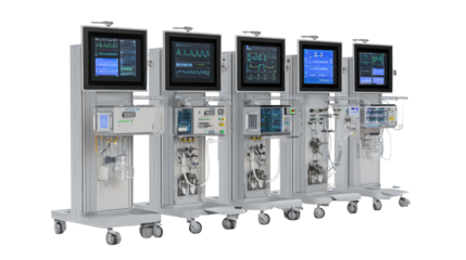 High-tech ventilator system with multiple screens and controls, isolated on a Transparent background, PNG file.