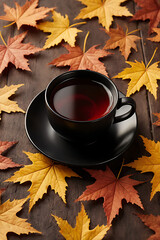 Black Teapot and Tea Cup on Autumn Leaves – Cozy Fall Still Life