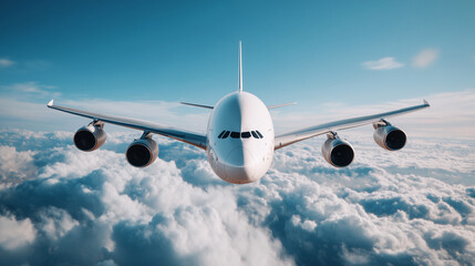 White commercial airplane flying above clouds in blue sky. Large aircraft with four engines soaring through atmospheric layers. Aviation transportation concept for travel and cargo delivery service.