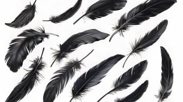 A collection of black feathers spread out on a clean white background, great for texture and pattern designs