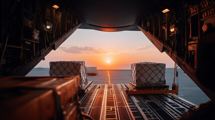 Heavy cargo loading into transport aircraft at sunset. Industrial freight operations with pallets and containers in airplane hangar. Aviation logistics and global shipping transportation concept.