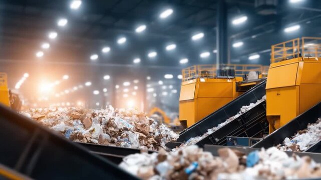 Waste Processing Plant: Inside a modern waste processing plant, showing the complex machinery involved in sorting and recycling the waste and the piles of various materials.