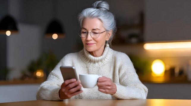 Elderly woman relaxing indoors with coffee and smartphone
