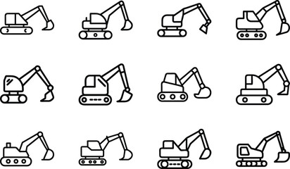 Collection of black line art excavator icons on white background digger construction 1 © Bellal Icon Studio