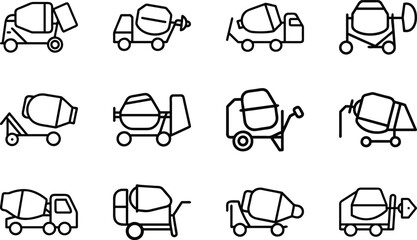 Twelve black line art icons of cement mixers on white background concrete construction