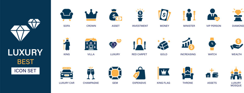Luxury icon set collection. Asset, mosque, money, minister, vip person, investment, red carpet, gold, villa, watch, expensive and best solid icon set.
