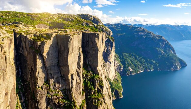 Preikestolen cliff with Norway fjord view.