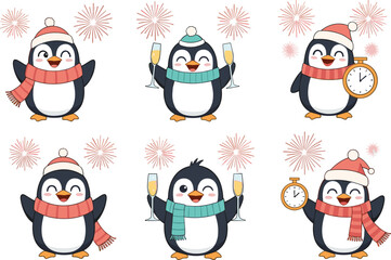 Cute cartoon penguins celebrating New Year with fireworks, champagne, clock countdown, perfect for winter holidays, greeting cards, festive designs.