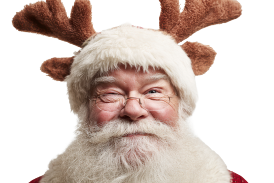 Funny Santa Claus in Deer Antlers Portrait Isolated on White Background