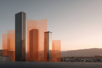 Obraz premium modern cityscape at sunset featuring ar overlay displaying housing prices in real time
